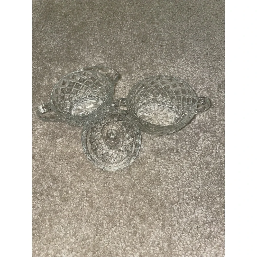 Vintage Pressed Glass Creamer and Lidded Sugar Bowl Set‎ Diamond Pattern Clear